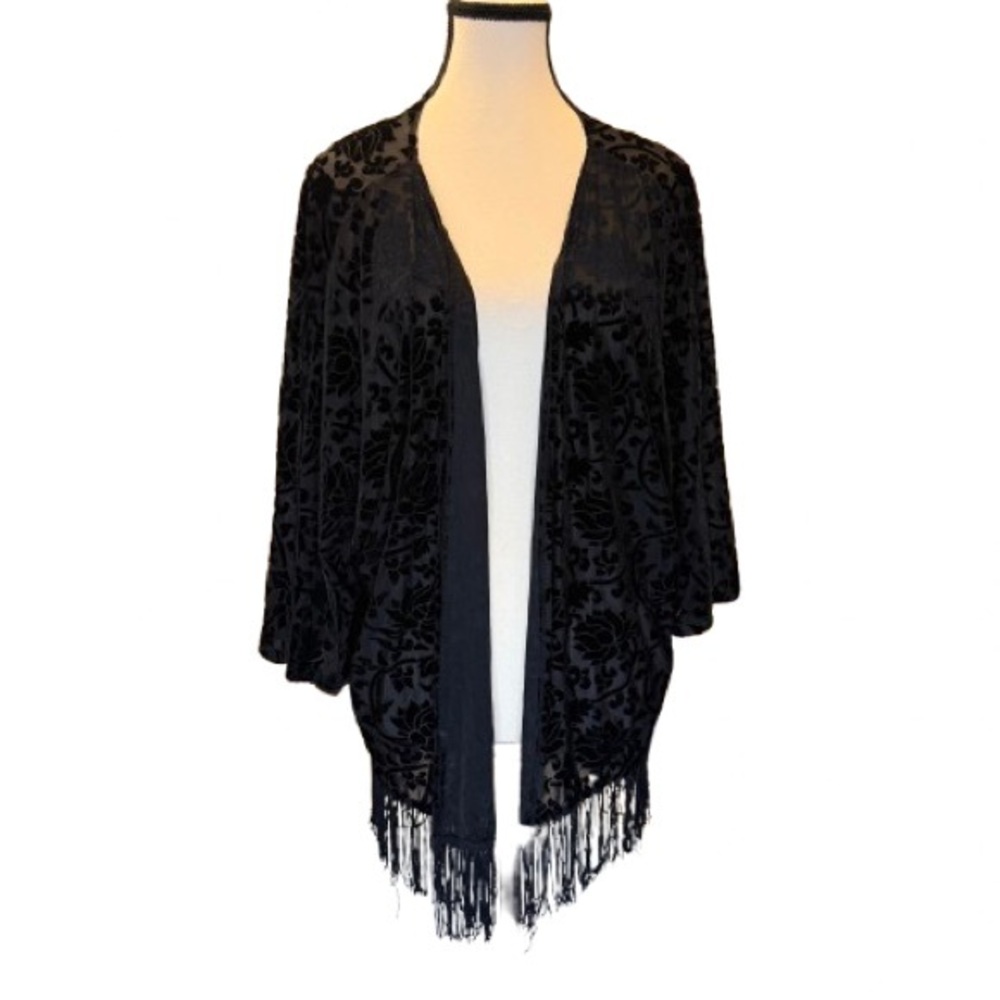 Lily White Black Burnout Velvet Fringe Kimono Jacket XL Made USA